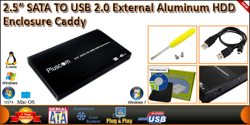 2.5” SATA TO USB 2.0 External Aluminum HDD Enclosu
