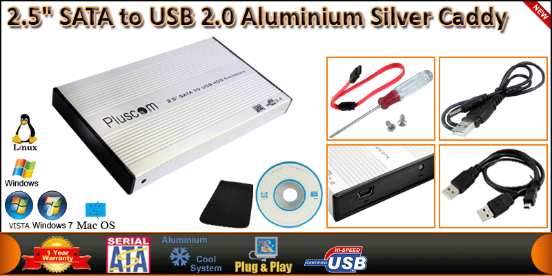 2.5" SATA to USB 2.0 Aluminium Silver Caddy VISTA 