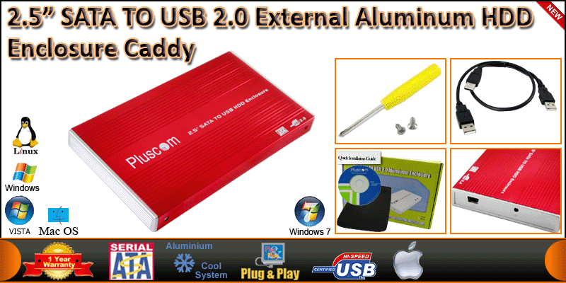 2.5” SATA TO USB 2.0 External Aluminum HDD Enclosu