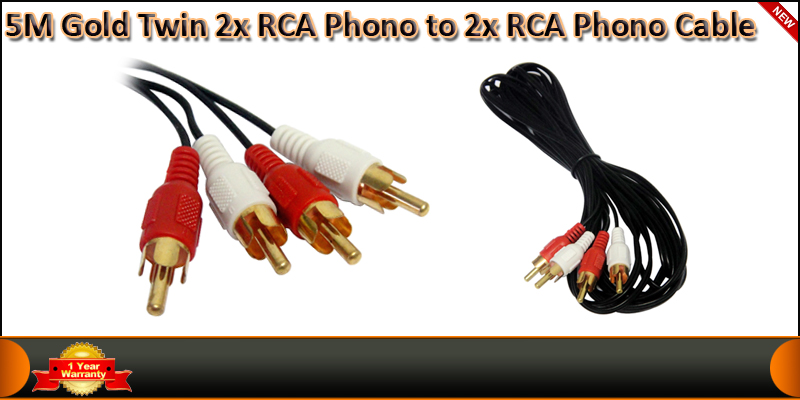 5M Gold Twin 2 x RCA Phono to 2 x RCA Phono Cable 