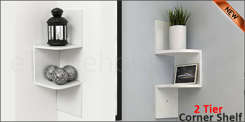 2 Tier Floating Wall Shelves Corner Shelf Storage Display Bookcase 2 Tier