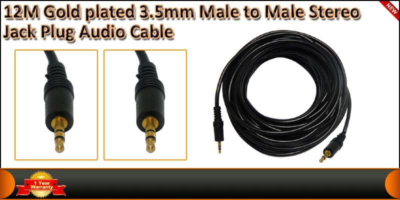 12M Gold plated 3.5mm Male to Male Stereo Jack Plug cable