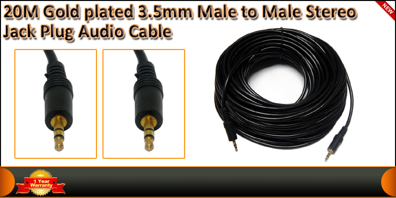 20M Gold plated 3.5mm Male to Male Stereo Jack Plug cable