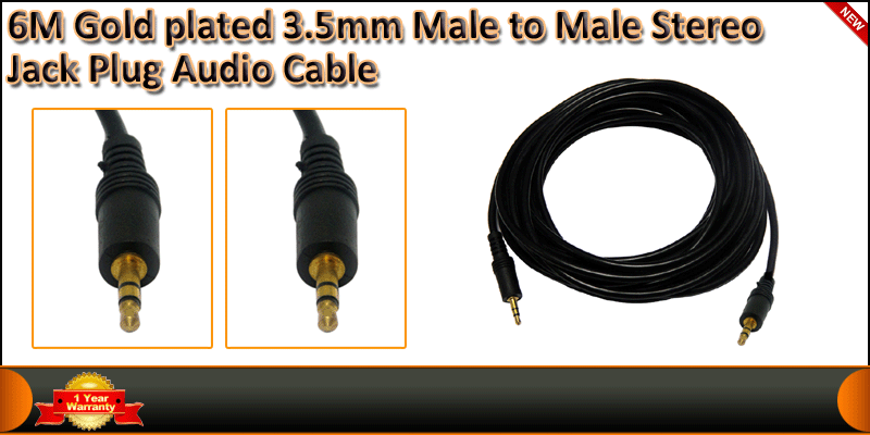 6M Gold plated 3.5mm Male to Male Stereo Jack Plug cable