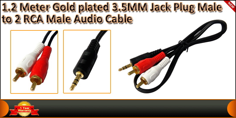 1.2Meter Gold plated 3.5MM Jack Plug Male to 2 RCA cable