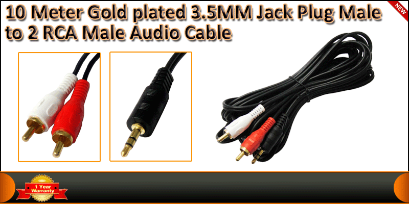 10Meter Gold plated 3.5MM Jack Plug Male to 2 RCA cable