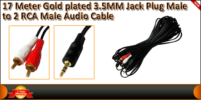 17Meter Gold plated 3.5MM Jack Plug Male to 2 RCA cable
