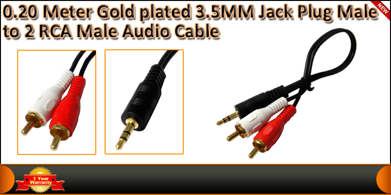 0.20 Meter Gold plated 3.5MM Jack Plug Male to 2 Rca cable