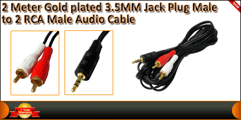 2Meter Gold plated 3.5MM Jack Plug Male to 2 RCA Male cable