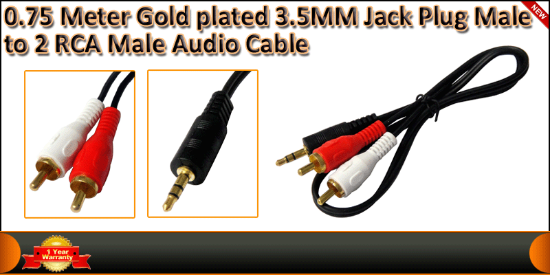 0.75 Meter Gold plated 3.5MM Jack Plug Male to 2 R