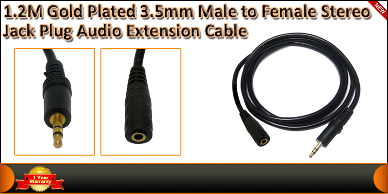 1.2M Gold Plated 3.5mm Male to Female Stereo Jack cable