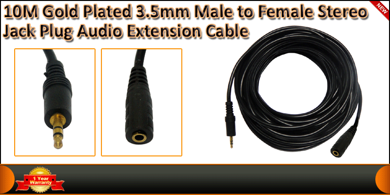 10M Gold Plated 3.5mm Male to Female Stereo Jack cable