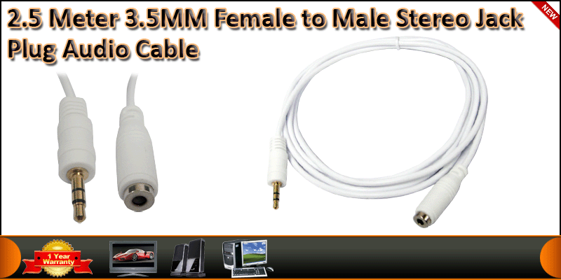 2.5M Gold Plated 3.5mm Male to Female Stereo Jack cable