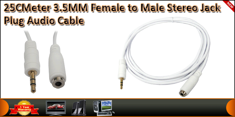 25CM Gold Plated 3.5mm Male to Female Stereo Jack 