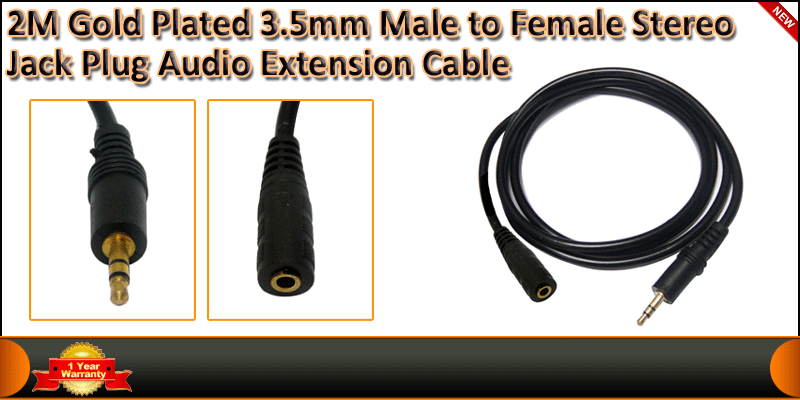 2M Gold Plated 3.5mm Male to Female Stereo Jack cable