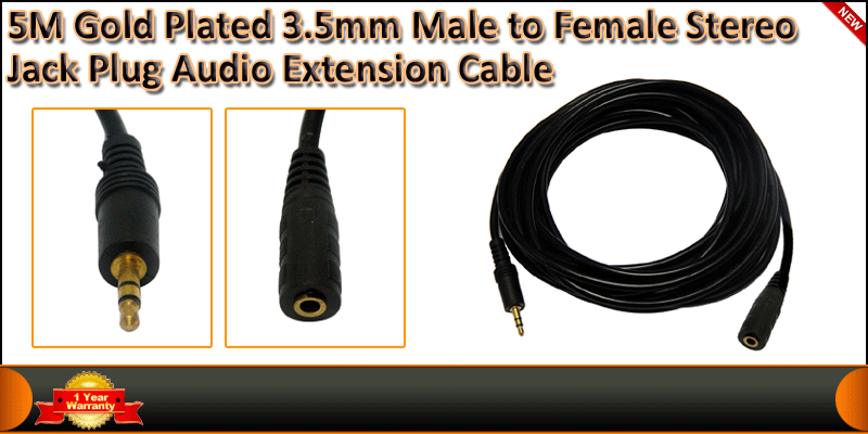 5M Gold Plated 3.5mm Male to Female Stereo Jack cable