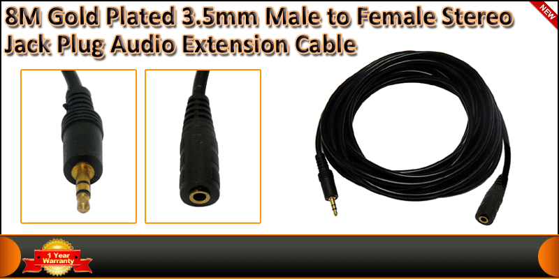 8M Gold Plated 3.5mm Male to Female Stereo Jack cable