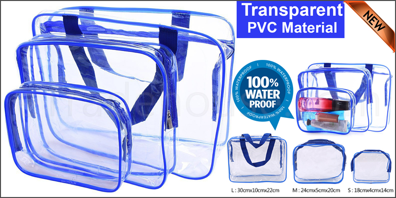 3 Piece Cosmetic Makeup Toiletry Clear PVC Travel Wash Bag Holder Pouch Set Kit