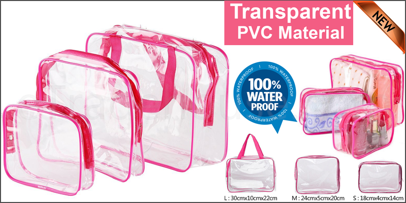 3 Piece Cosmetic Makeup Toiletry Clear PVC Travel Wash Bag Holder Pouch Set Kit