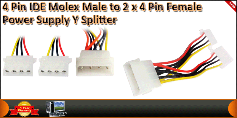 4 Pin IDE Molex Male to 2 x 4 Pin Female Power Sup