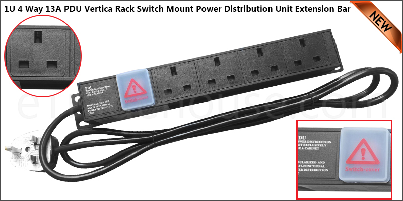 4 Way 13A PDU Horizontal Rack Switch Mount 19" Extension Power Distribution Unit 