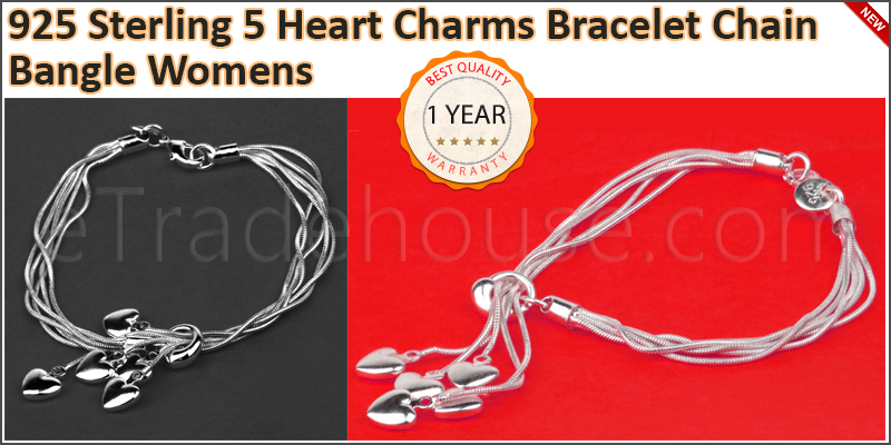 925 Sterling Silver 5 Heart Charms Bracelet Chain 