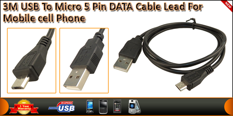 3 Meter USB to Micro 5 Pin Data Cable Charger Lead