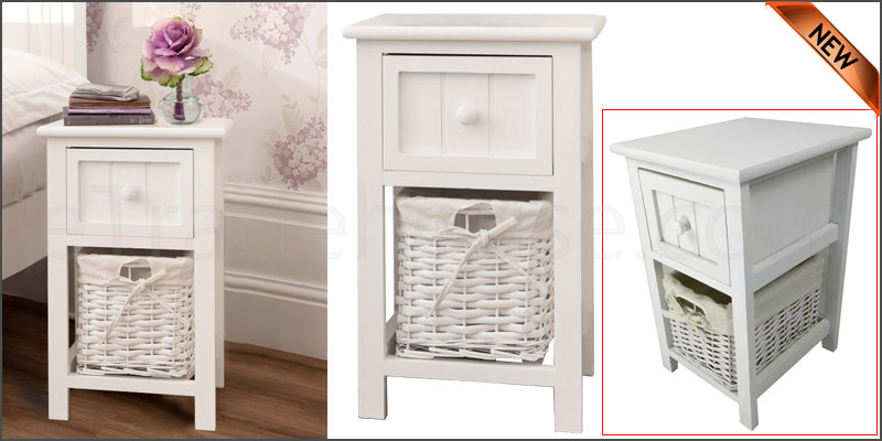 2 WHITE BEDSIDE TABLES WITH WICKER STORAGE BASKET,