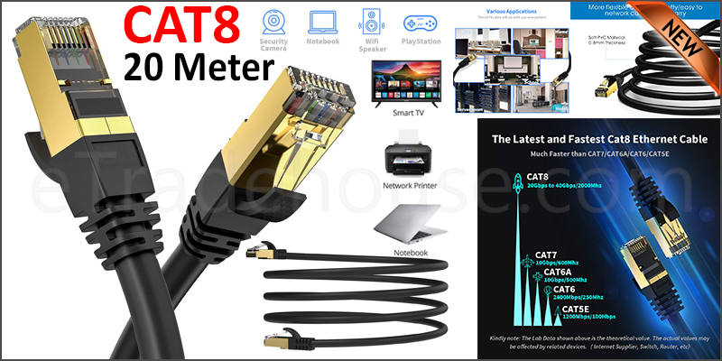 CAT8 Ethernet Network Cable 40Gbps LAN Patch Cord SSPT Gigabit Lot 20M black color