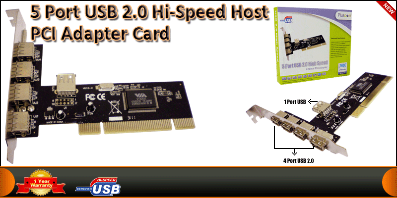 5 Port USB 2.0 Hi-Speed Host PCI Adapter Card (4 E