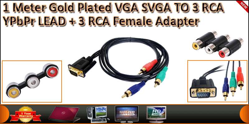 1 Meter Gold Plated VGA SVGA TO 3 RGB LEAD