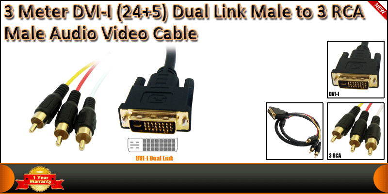 3 Meters DVI-I (24+5) Dual Link Male to 3 RCA Male