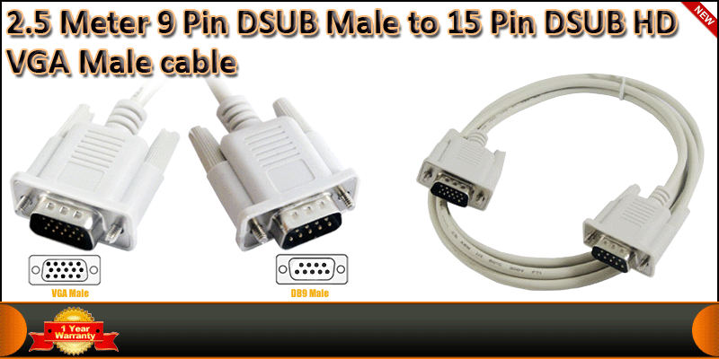 2.5 Meter 9 PIN DSUB Male to 15 PIN DSUB HD VGA Ma