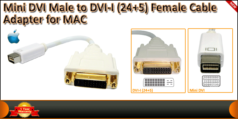 Mini DVI Male to DVI-I (24+5) Female Monitor Video
