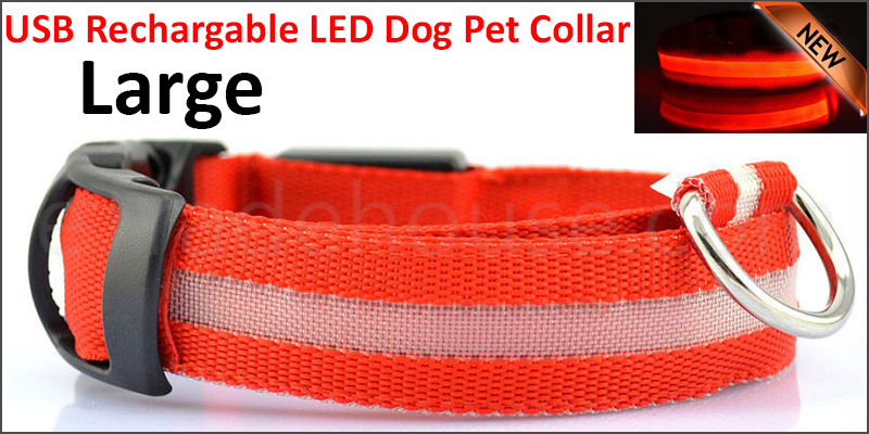 USB Rechargable LED Dog Pet Collar Flashing Luminous Safety Light Up Nylon Large Red color 