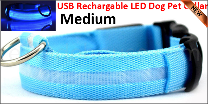 USB Rechargable LED Dog Pet Collar Flashing Luminous Safety Light Up Nylon Mediume Blue color