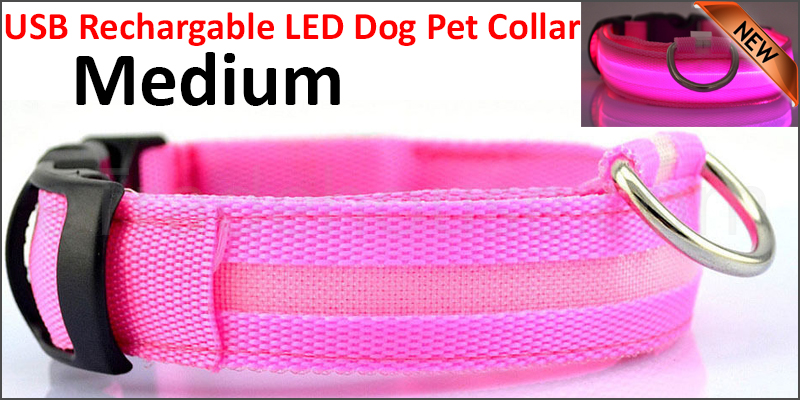 USB Rechargable LED Dog Pet Collar Flashing Luminous Safety Light Up Nylon Mediume pink color 
