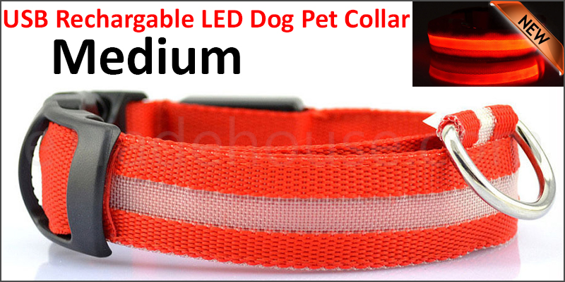 USB Rechargable LED Dog Pet Collar Flashing Luminous Safety Light Up Nylon Mediume Red color 