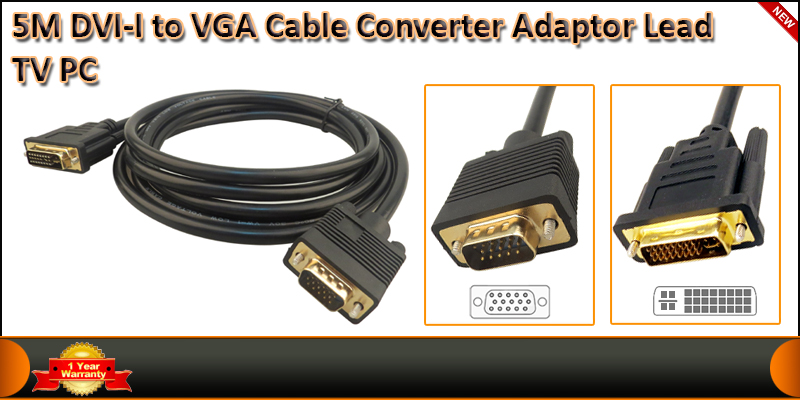 5M DVI-I to VGA Cable Converter Adaptor Lead TV PC