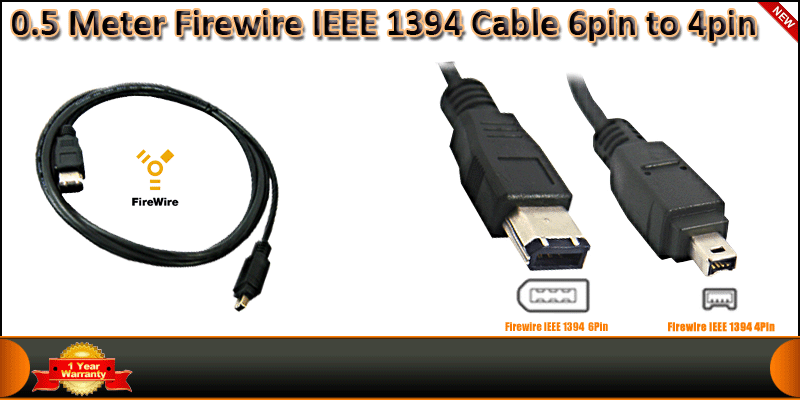 0.5 Meter Firewire IEEE 1394 Cable 6Pin to 4Pin