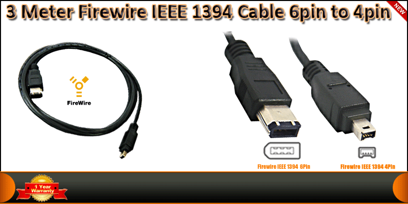3 Meter Firewire IEEE 1394 Cable 6pin to 4pin