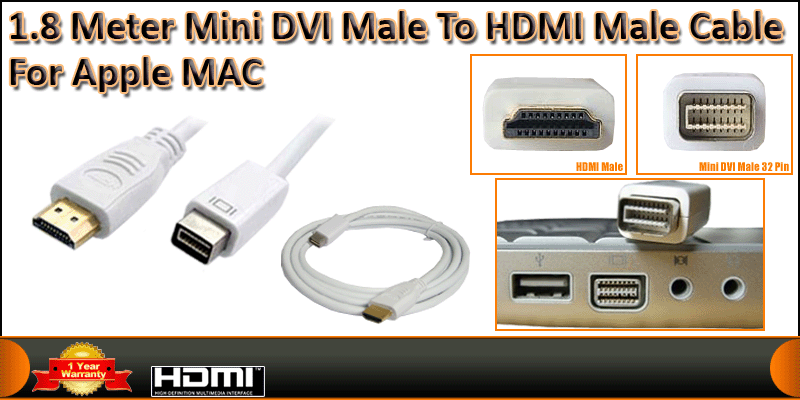 1.8 Meter Gold plated Mini DVI Male to HDMI Male C