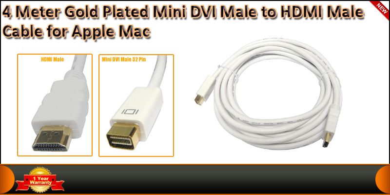 4 Meter Gold plated Mini DVI Male to HDMI Male Cab