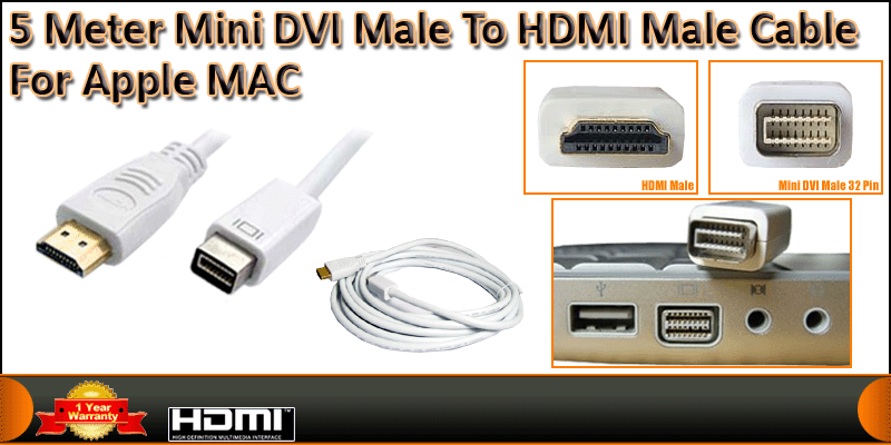 5 Meter Gold plated Mini DVI Male to HDMI Male Cab