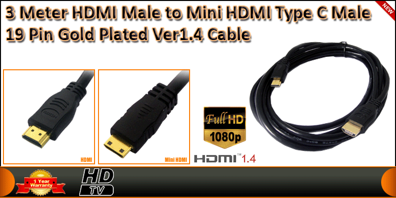 3 Meters HDMI Male to Mini HDMI Type C Male 19 Pin