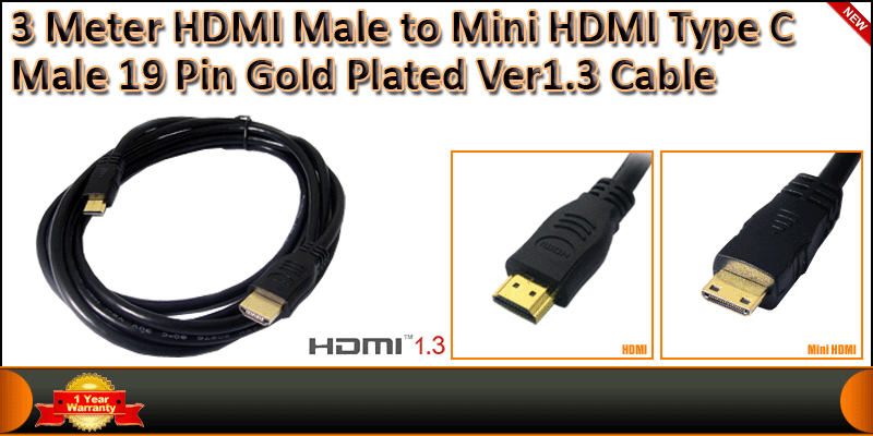 3 Meter HDMI Male to Mini HDMI Type C Male 19 Pin 