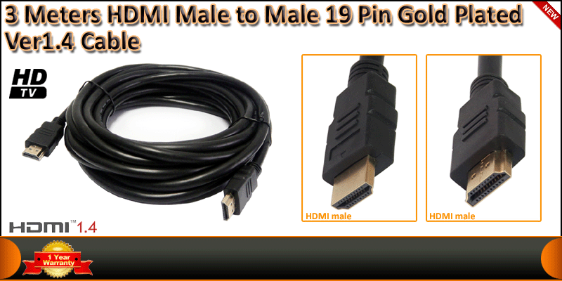 3 Meters HDMI Male to Male 19 Pin Gold Plated Ver1.4 cable