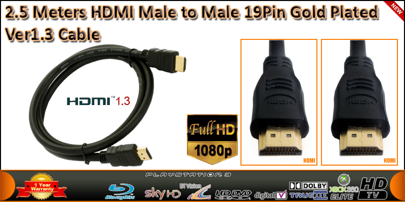 2.5 Meter HDMI Male to Male 19 Pin Gold Plated V1.3 cable