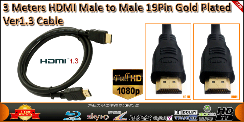 3 Meters HDMI Male to Male 19 Pin Gold Plated Ver1.3 cable