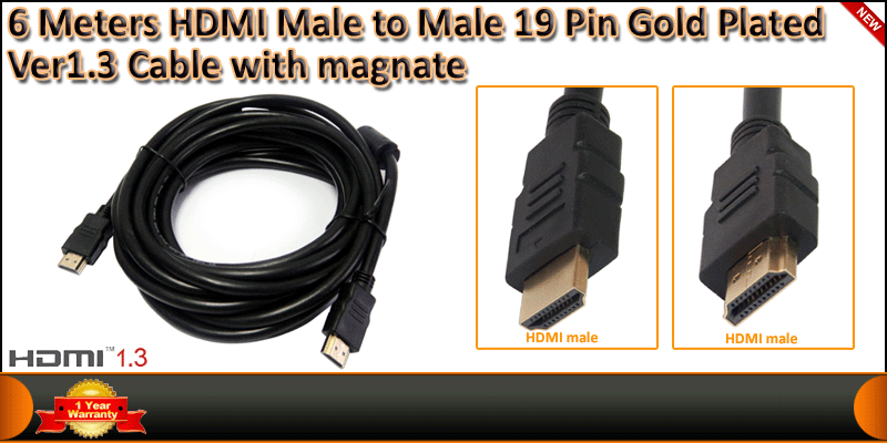 6 Meter HDMI Male to Male 19 Pin Gold Plated Ver1.3 cable